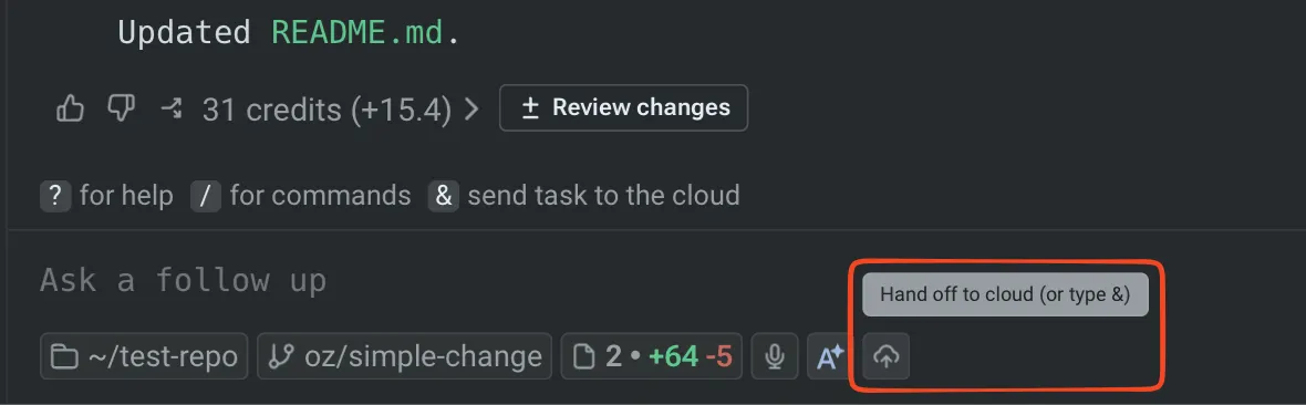 A Handoff control in a local Warp Agent conversation.